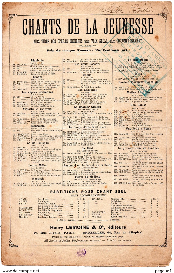 PARTITION MUSIQUE.CHANTS DE LA JEUNESSE.MAITRE PATHELIN.OPERA COMIQUE DE F.BAZIN.  Achat Immédiat - Partitions Musicales Anciennes