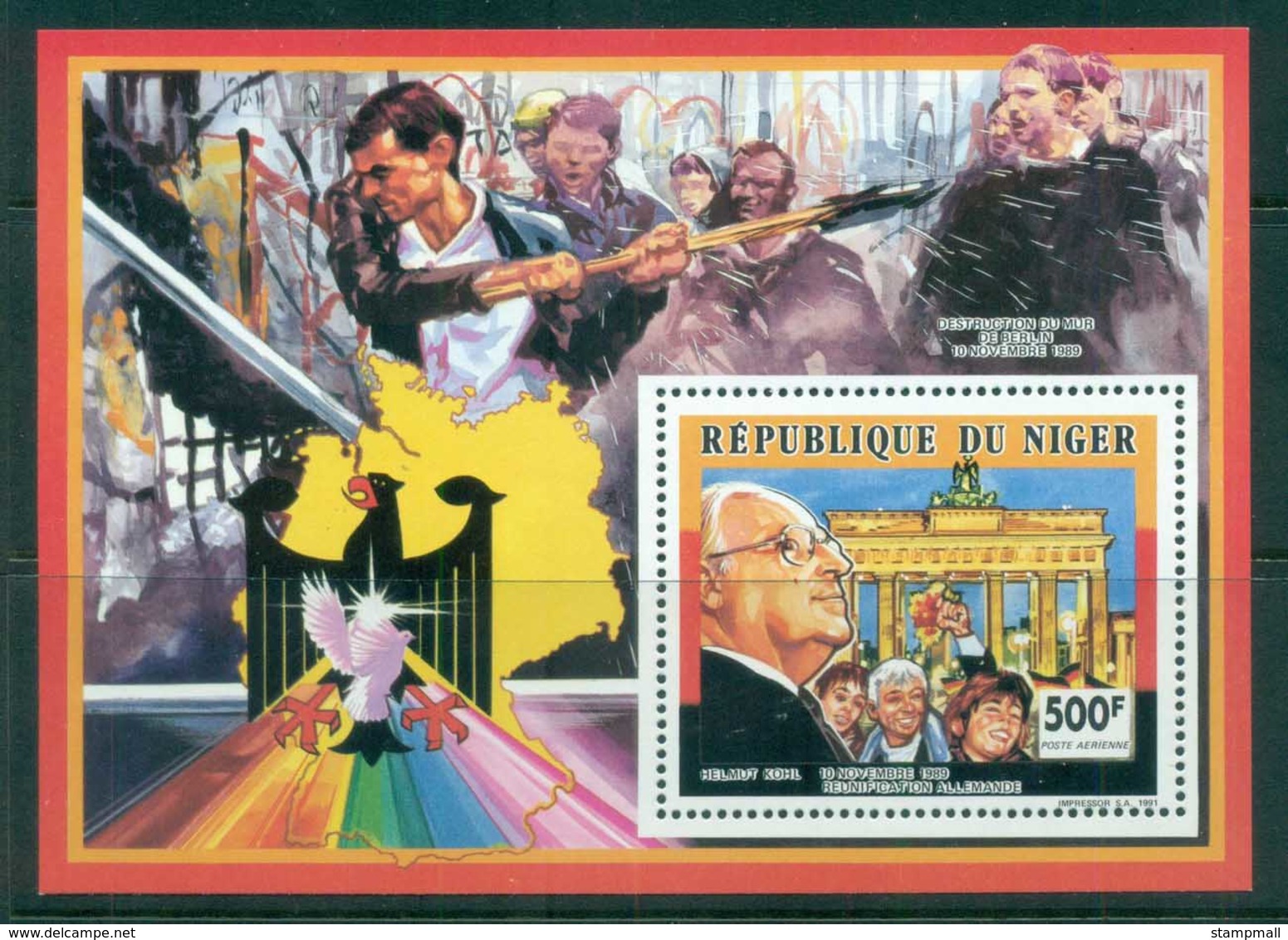 Niger 1991 Brandenburg Gate, Helmut Kohl MS MUH - Niger (1960-...)