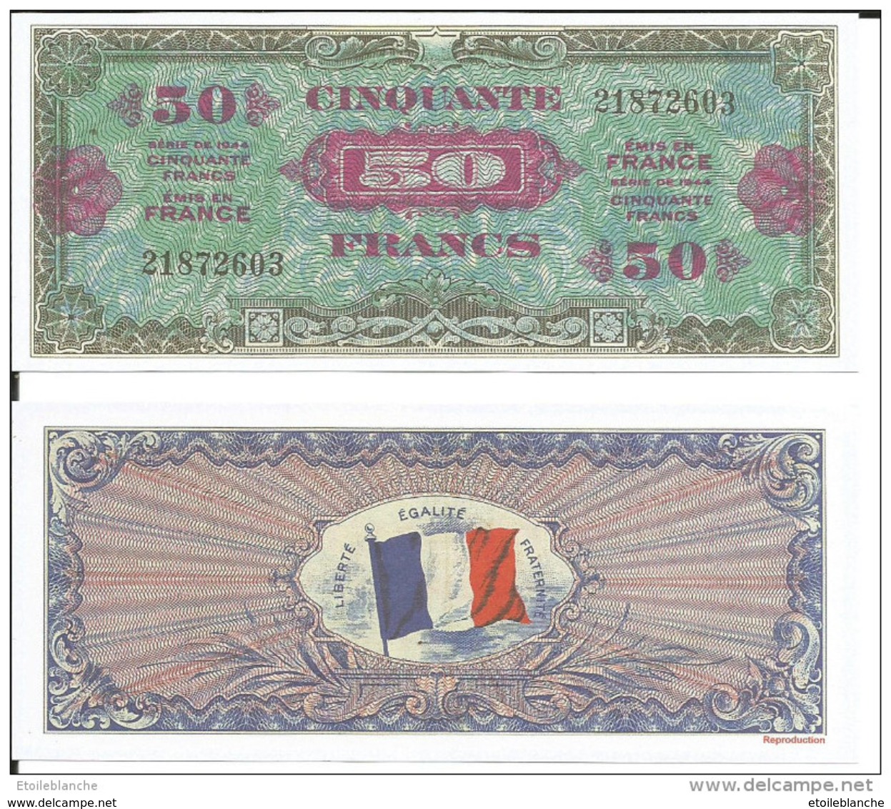 Billet Dit 'd'invasion' 50 Et 5000 Francs, Guerre 1944 (reproduction) - Replica Word War II - (size American Dollar) - Fictifs & Spécimens