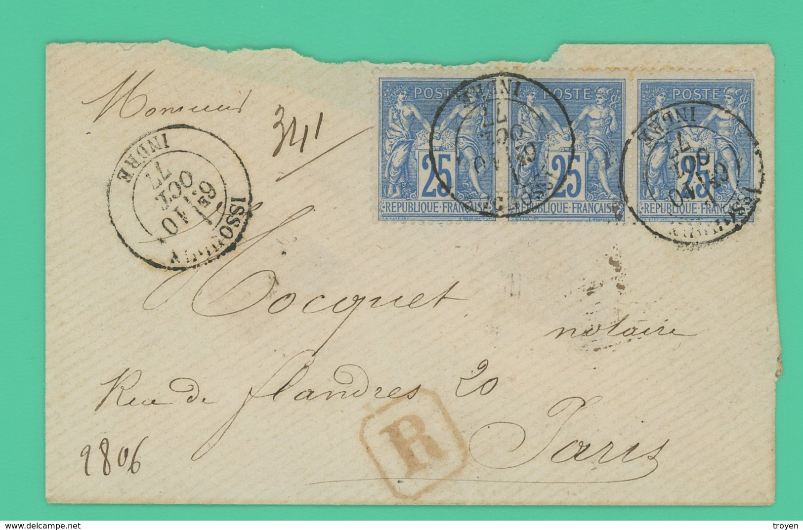 Issoudun - Indre - Enveloppe Avec Ses Cachets De Cire. ANT PIQUET - Oct 1877 - - 1876-1898 Sage (Type II)