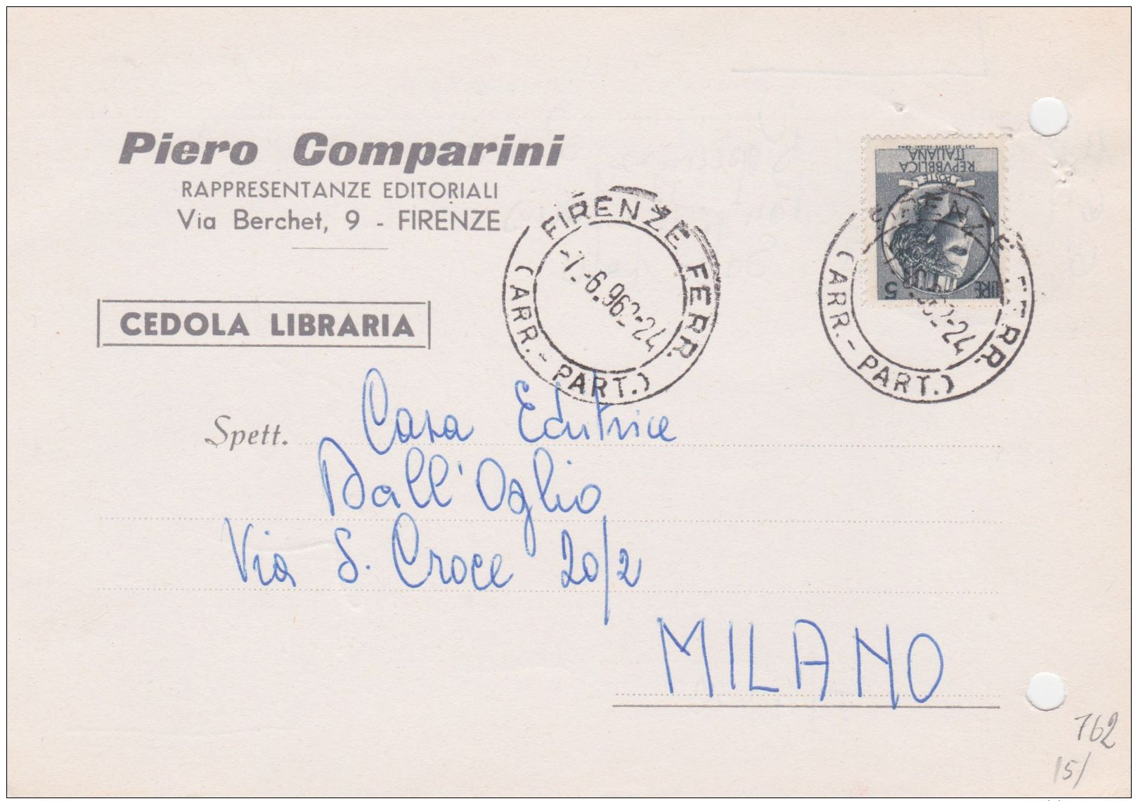 1962 SIRACUSANA &pound;.5 Isolato Su Cedola Commissione Libraria Firenze (7.6) Fori Archivio - 1961-70: Storia Postale