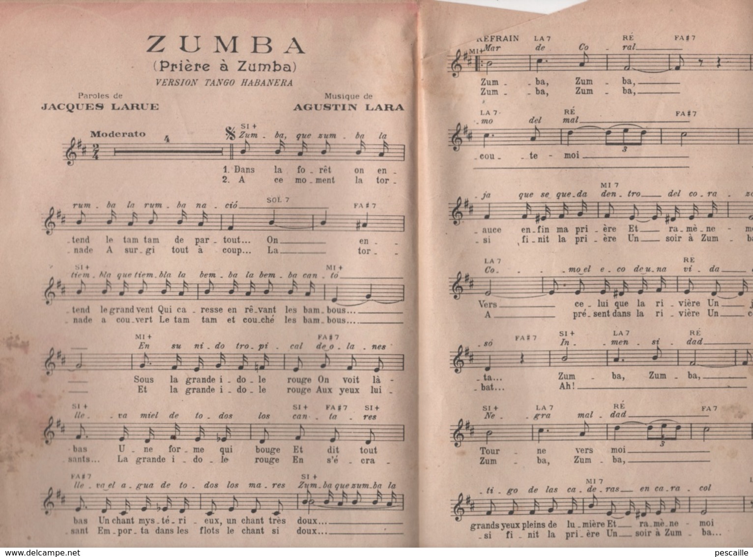 ZUMBA ( PRIERE A ZUMBA ) - VERSION TANGO HABANERA - 1939 - LUCIENNE DELYLE - PAROLES JACQUES LARUE MUSIQUE AGUSTIN LARA - Partitions Musicales Anciennes