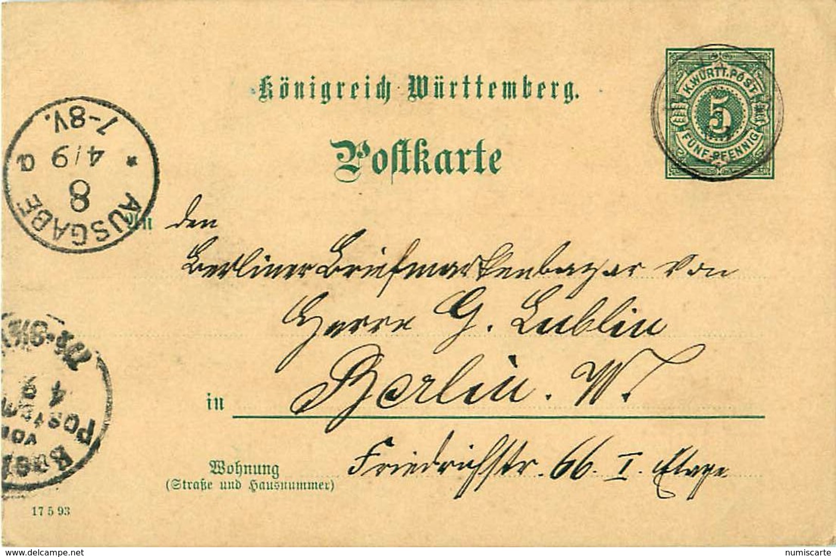 Entier Postal -  Ganzsachenumschlag 5 Pfennig Württemberg 1893 - Autres & Non Classés