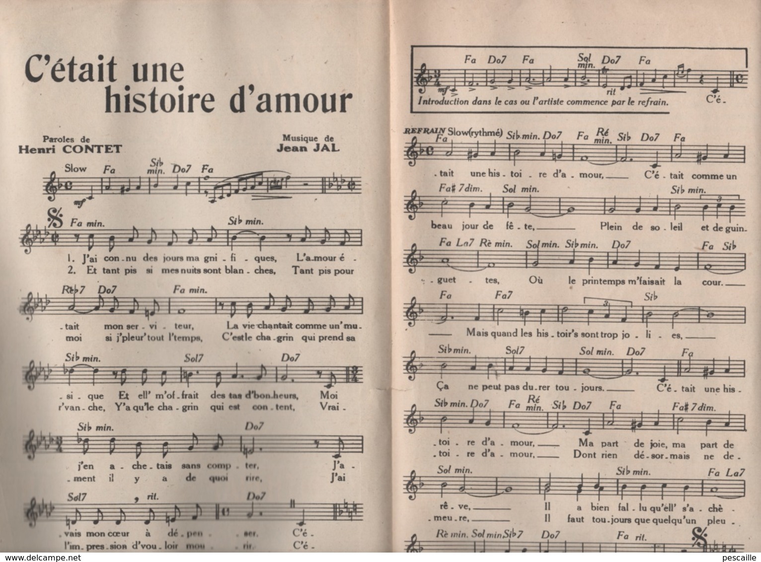 C'ETAIT UNE HISTOIRE D'AMOUR - EDITH PIAF / LEO MARJANNE - 1943 - TABLEAU D'ACCORDS GUITARE - Partitions Musicales Anciennes