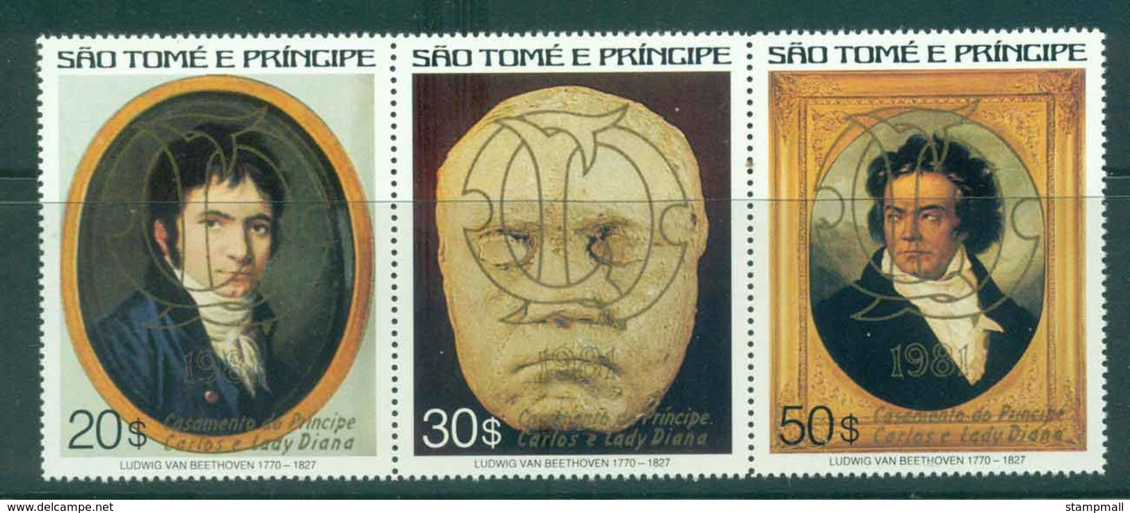 Sao Tome Et Principe 1981 Charles & Diana Wedding, Beethoven Str3 Gold Opt MUH Lot45178 - Sao Tome And Principe