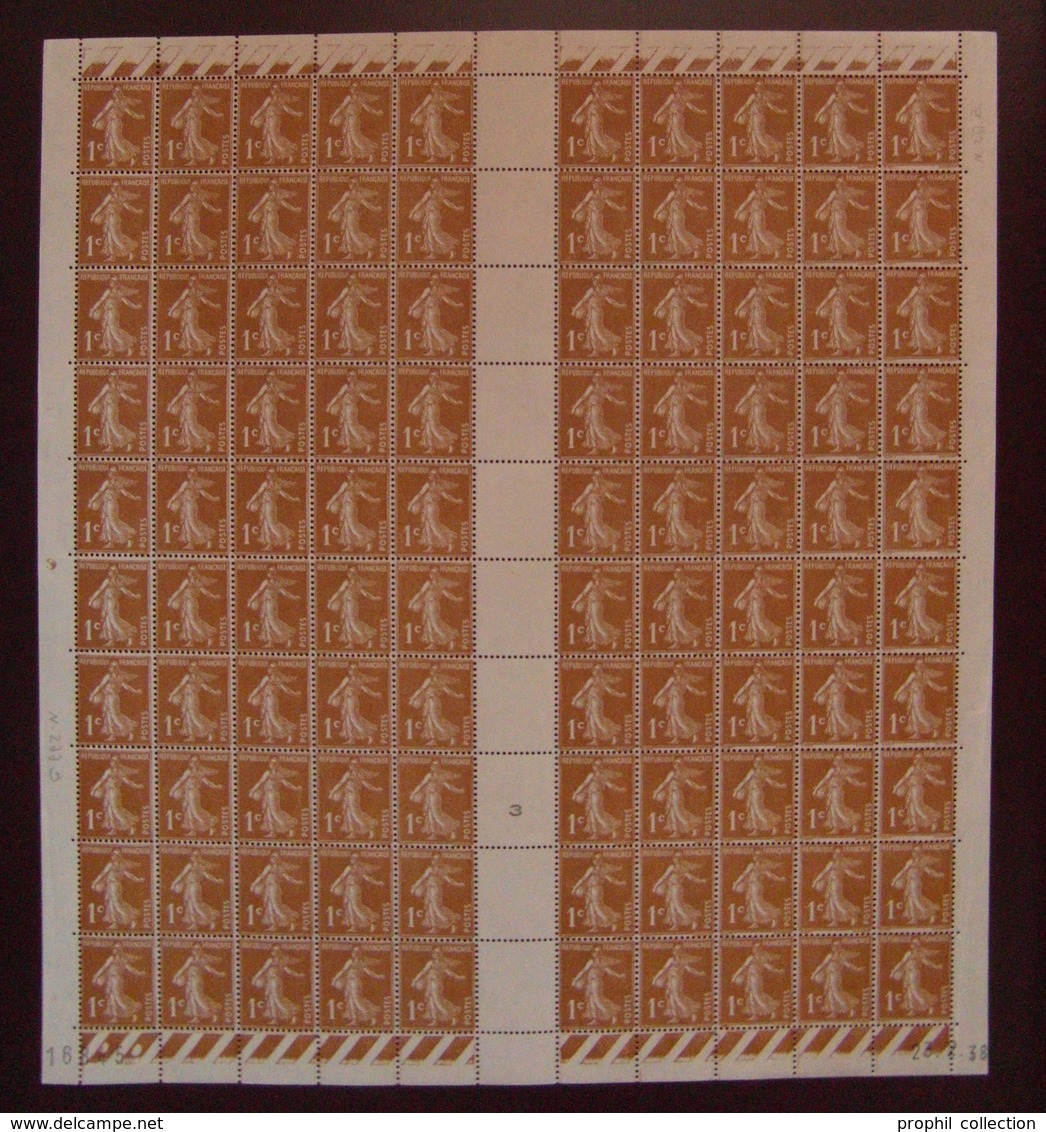 FEUILLE COMPLETE NEUF ** De 100 TIMBRES SEMEUSE N° 277B 1c BISTRE-BRUN COIN DATÉ 23.2.38 - Feuilles Complètes