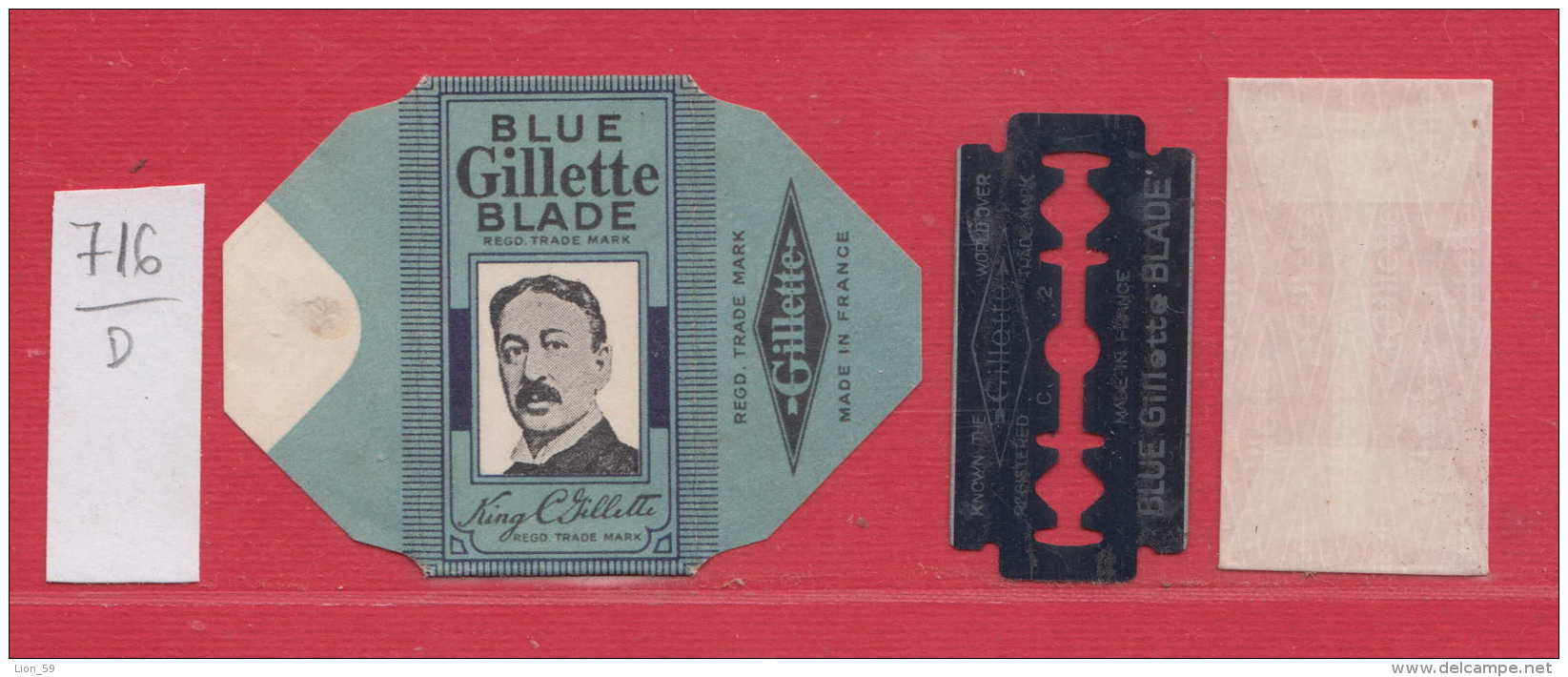 D716 / BLAUE GILLETTE BLADE REGD. TRADE MARK  King C. Gillette , Wrapper + Razor Blade , Lame Rasoir , MADE IN FRANCE - Razor Blades