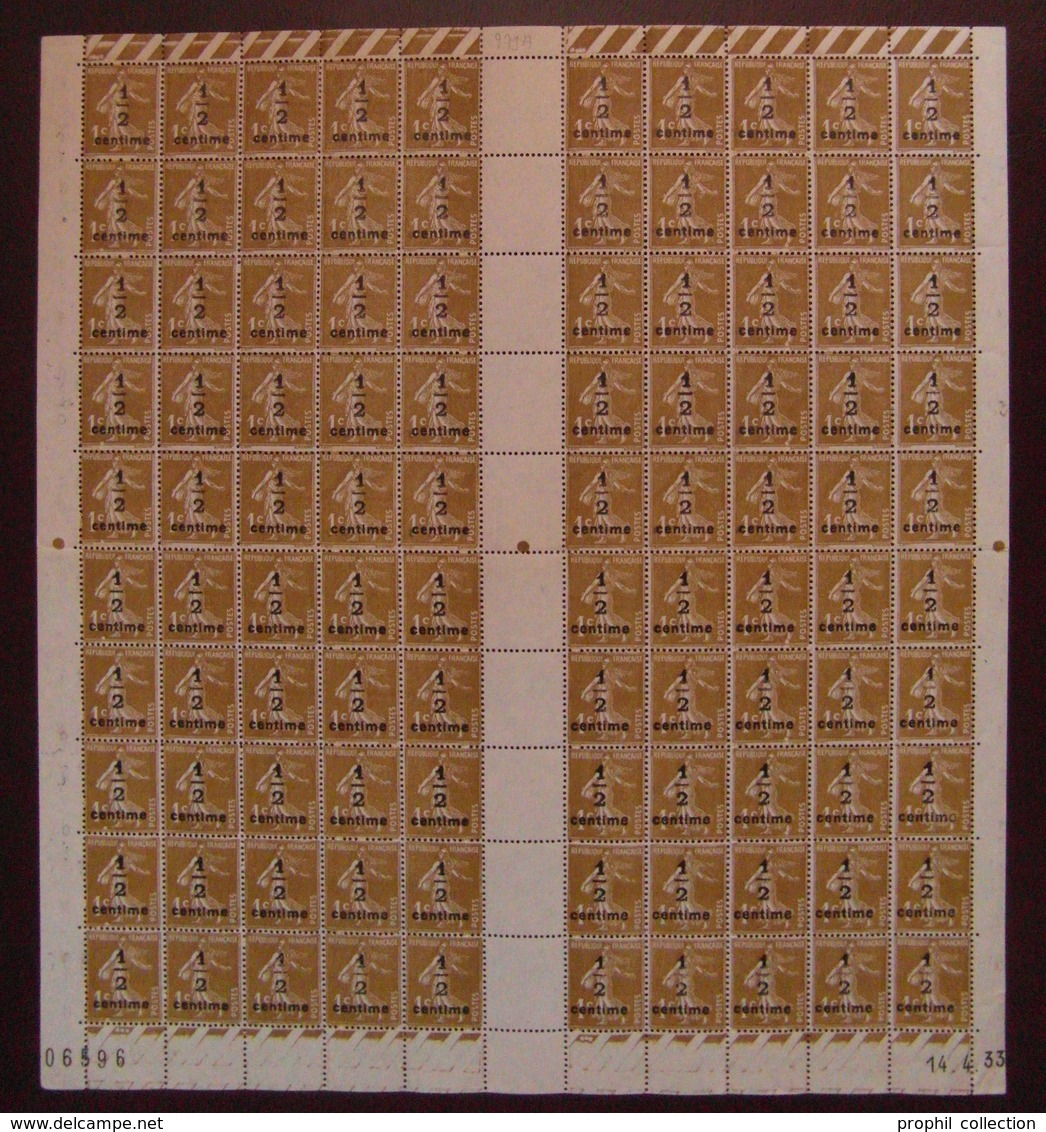 FEUILLE COMPLETE NEUF ** De 100 TIMBRES SEMEUSE N° 279A 1c BISTRE-OLIVE COIN DATÉ 14.4.33 - Feuilles Complètes