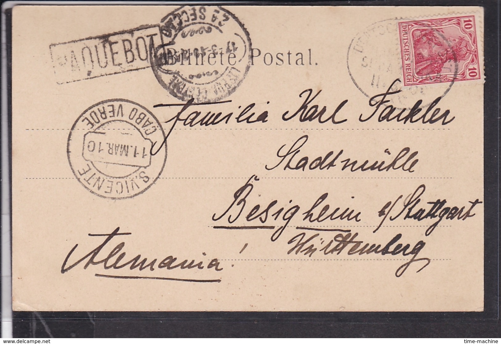 St.Vincent Porto Grande Cape Verde Islands , Dampfer , Stempel " Paquebot , Deutsche Seepost " 1910 - Cap Verde