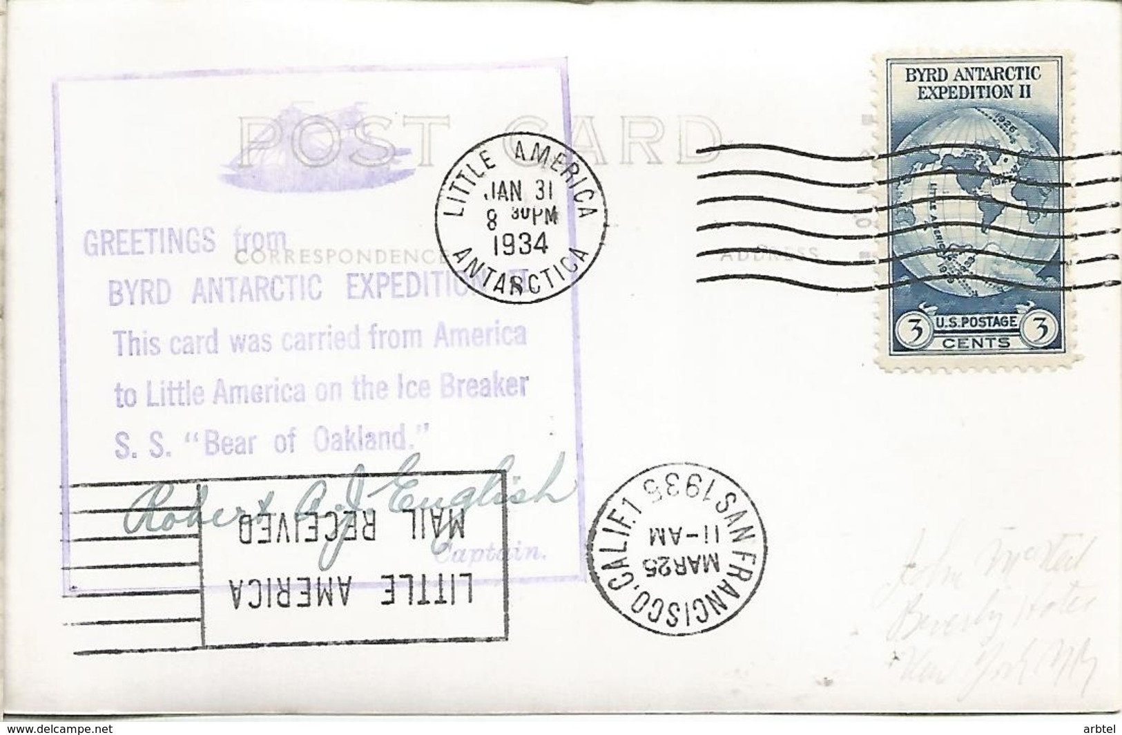 ESTADOS UNIDOS USA 1934 EXPEDICION ANTARTIDA RICHARD BYRD ANTARCTIC MAT BASE LITLE AMERICA RODILLO , MARCA DEL BUQUE CON - Expediciones Antárticas