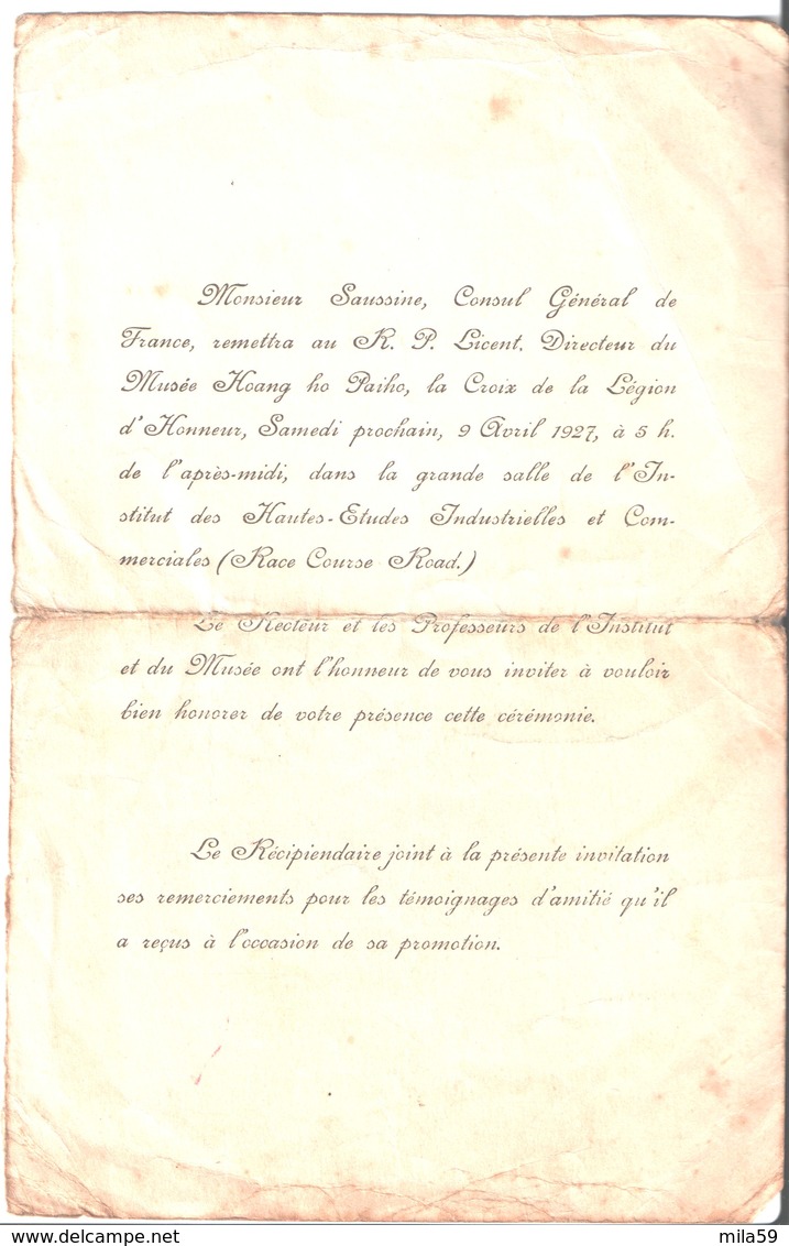 R. P. Licent Directeur Du Musée Hoang Ho Paiho. Remise De Légion D'Honneur Par Monsieur Saussine Consul. 9 Avril 1927 - Autres & Non Classés