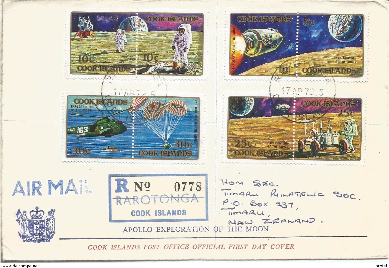 COOK ISLAND CC CERTIFICADA 1972 EXPLORACION DE LA LUNA MOON ESPACIO APOLLO - Océanie