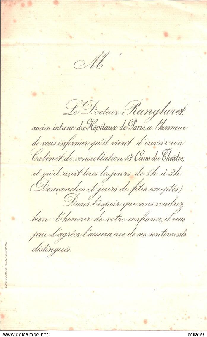 Docteur Ranglaret. Ancien Interne Des Hôpitaux De Paris. Ouverture Du Cabinet De Consultation. Cours Du Théatre. - Autres & Non Classés