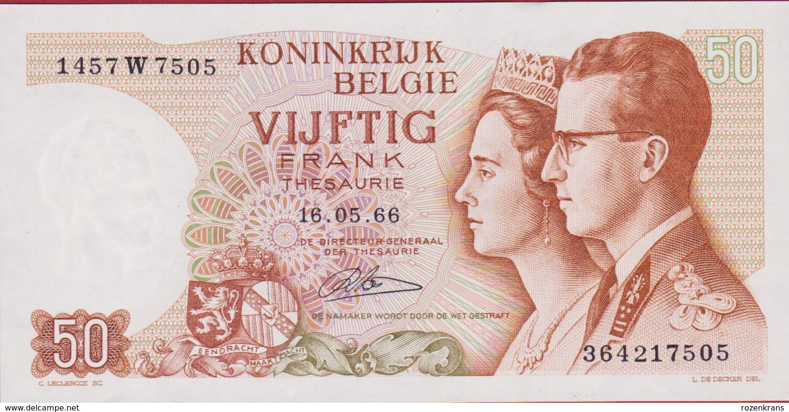 50 Frank Vijftig Cinquante Francs 1966  Koninkrijk Royaume De Belgie Belgique Belgium Bankbiljet Banknote Billet - Other & Unclassified