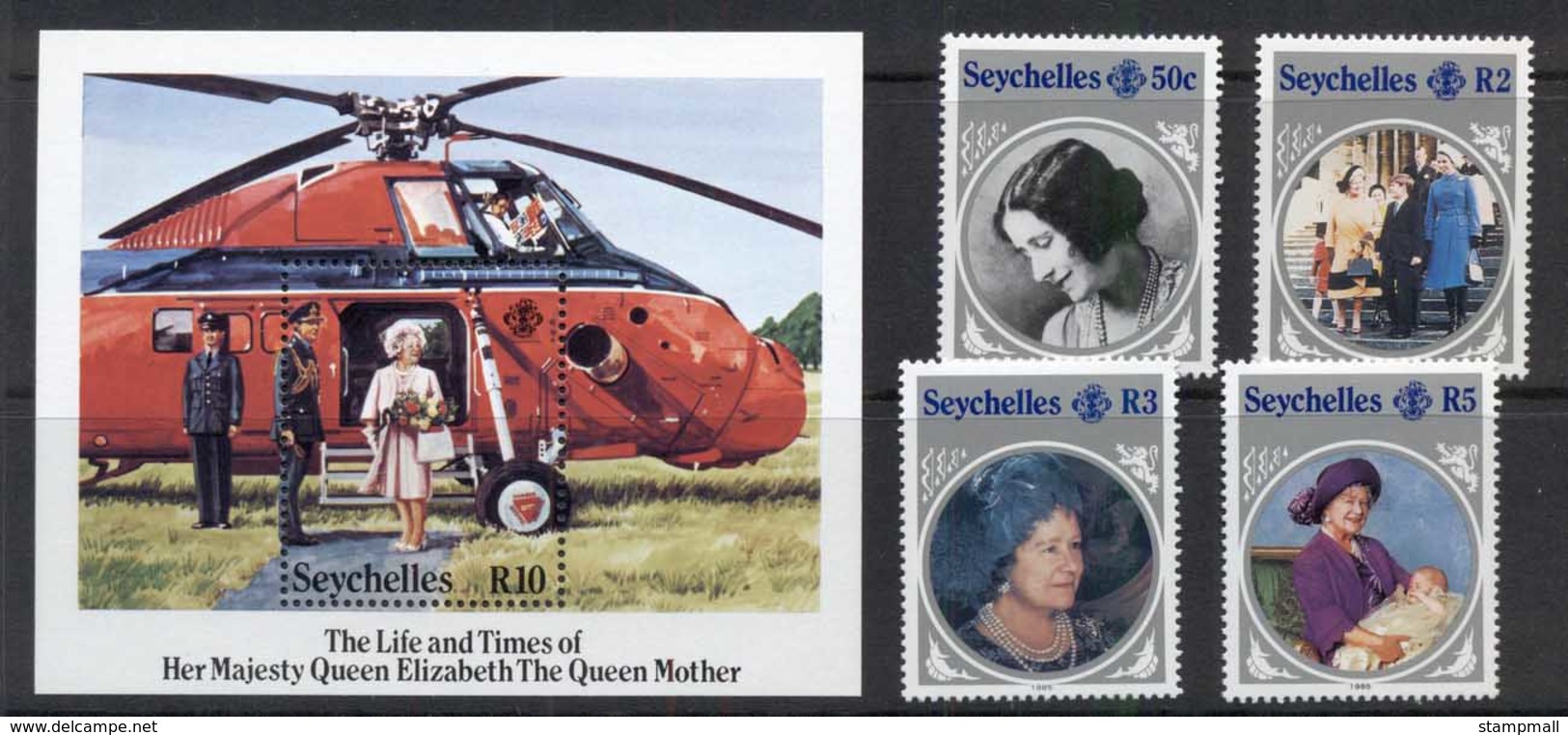 Seychelles 1985 Queen Mother 85th Birthday + MS MUH - Seychelles (1976-...)