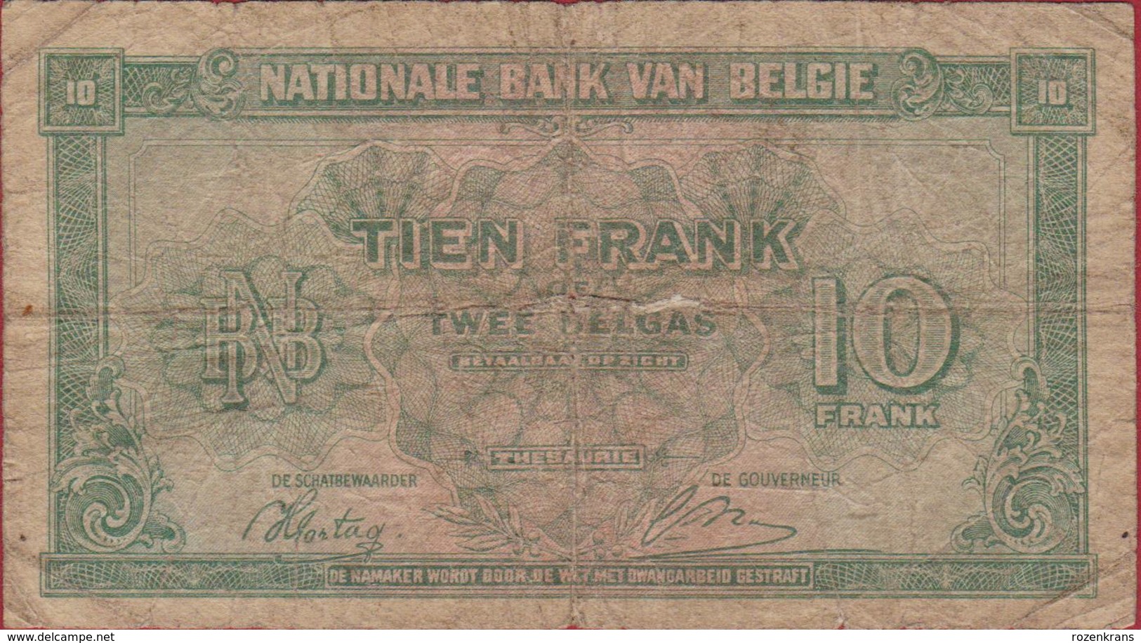 10 Frank 1943 Tien Koninkrijk Royaume De Belgie Belgique Belgium Dix Francs 2 Twee Deux Belgas Bankbiljet Banknote - 10 Francs-2 Belgas