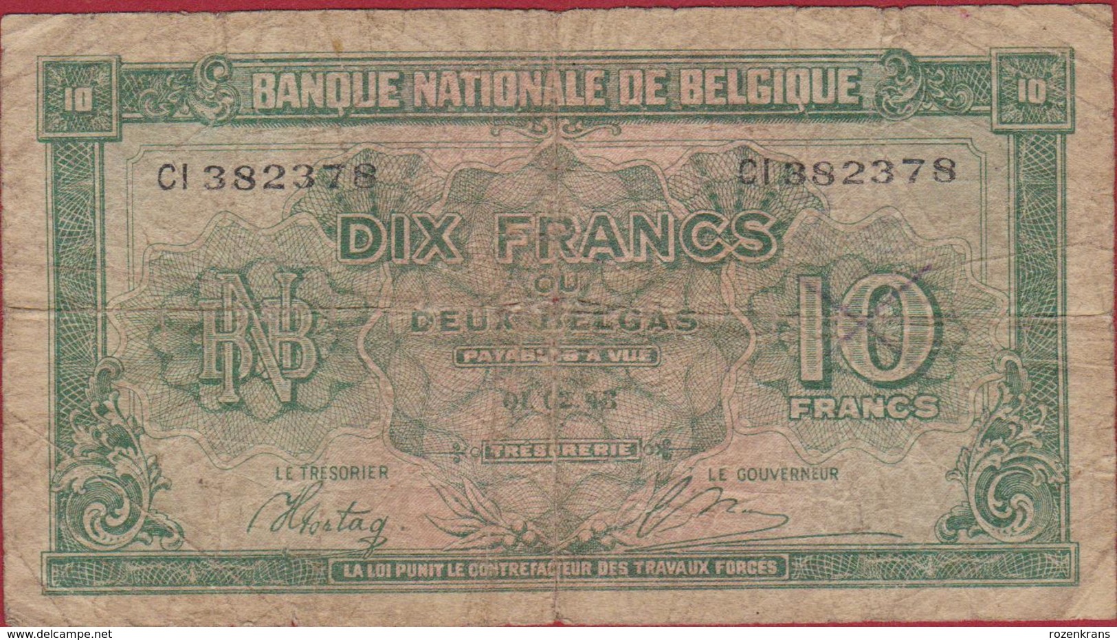 10 Frank 1943 Tien Koninkrijk Royaume De Belgie Belgique Belgium Dix Francs 2 Twee Deux Belgas Bankbiljet Banknote - 10 Francs-2 Belgas