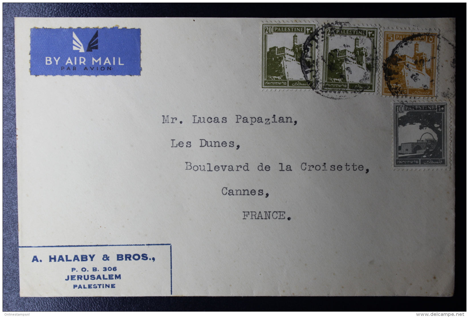 Palestine:  Airmail Cover Jerusalem -&gt; Cannes, Mixed Stamps - Palestina