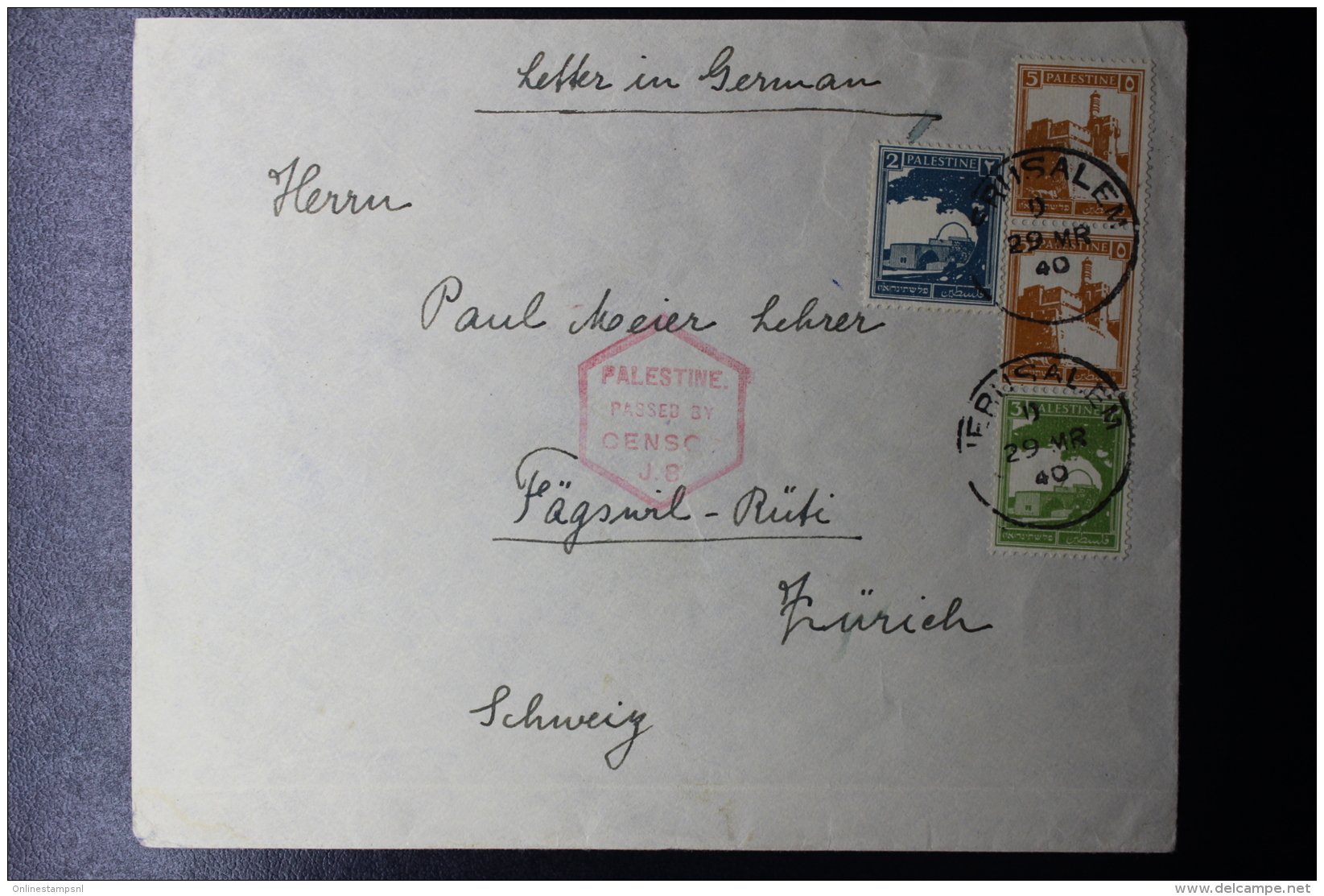 Palestine:  Airmail Cover Jerusalem To Zürich  Mixed Stamps 1940  Censor - Palestine