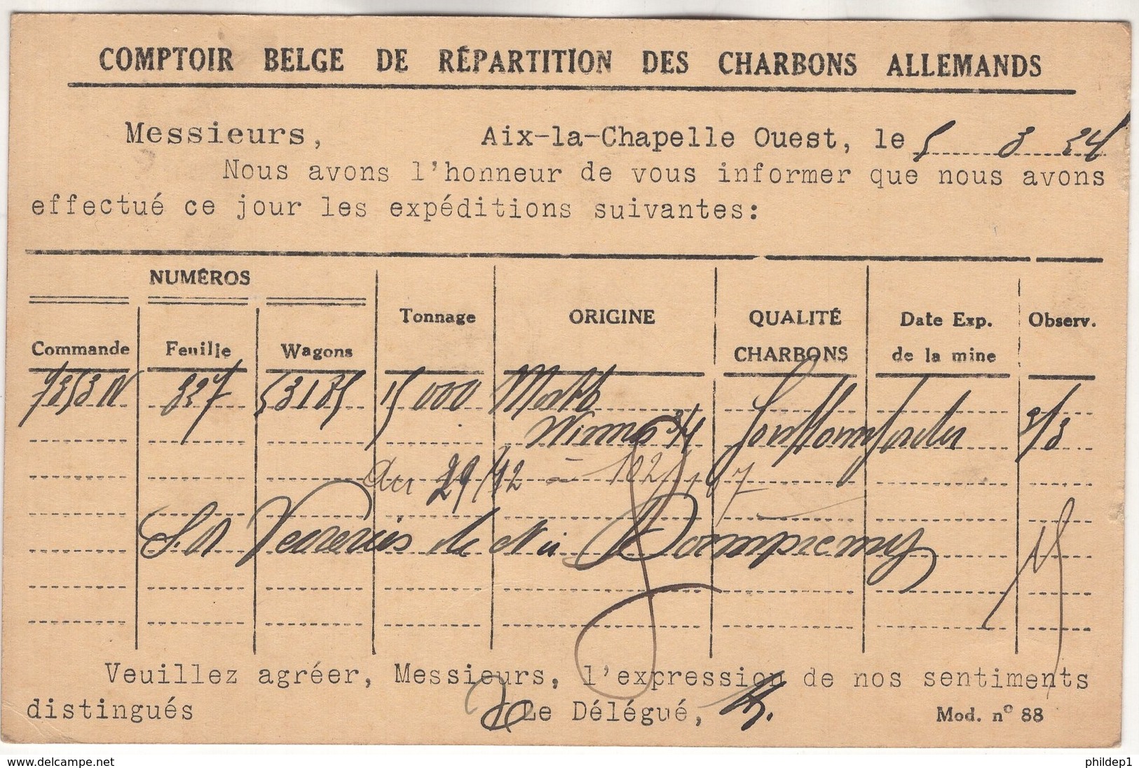 Belgique . Comptoir Belge De Répartition Des Charbons Allemands. TP OC43 - OC38/54 Occupation Belge En Allemagne