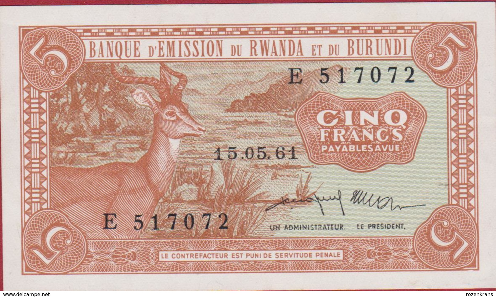 5 Cinq Francs Banque D' Emission Du Rwanda Et Du Burundi Oud Bankbiljet Old Banknote Billet (En Très Bon Etat) - Rwanda