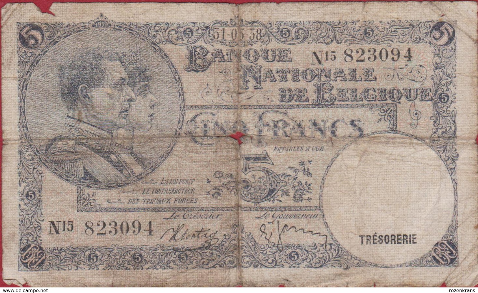 5 Frank 1938 Cinq Francs Koninkrijk Royaume De Belgie Belgique Belgium Oud Bankbiljet Banknote Billet - 20 Francs