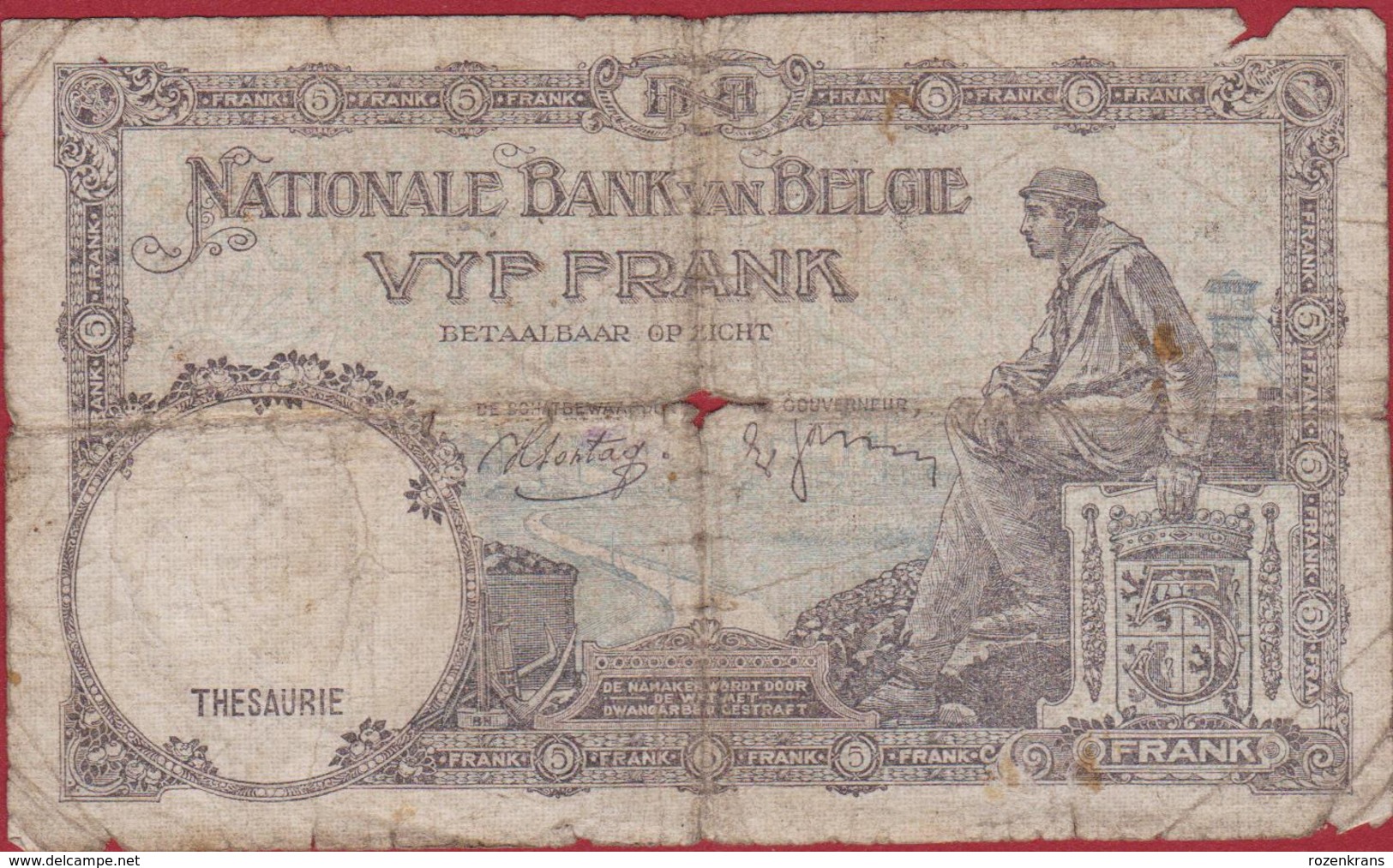 5 Frank 1938 Cinq Francs Koninkrijk Royaume De Belgie Belgique Belgium Oud Bankbiljet Banknote Billet - 20 Francs