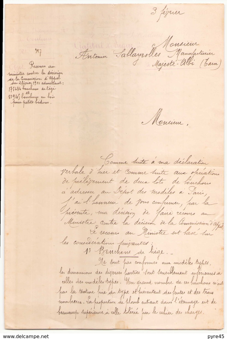 Lettre Manuscrite Du 3 Février 1911 à Albi ( Recours Auprès Du Ministre ) - Manuscripts