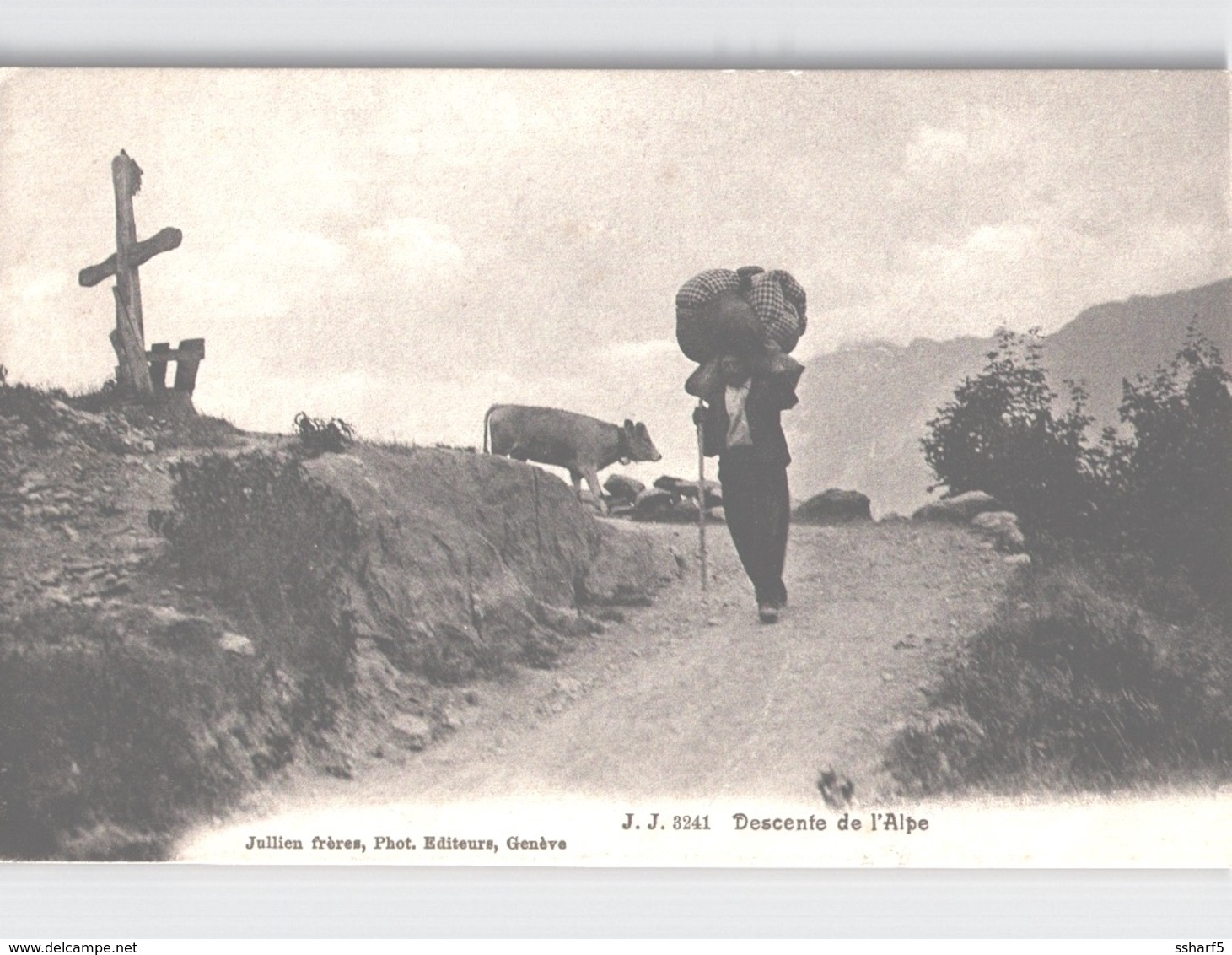 Descente De L'Alpe Homme Portant Lourde Charge, Vache Env. 1906 - Port