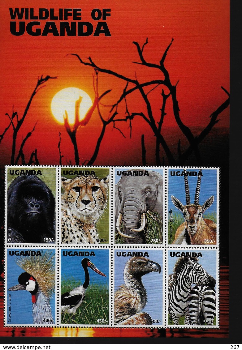 OUGANDA   Feuillet  N° 1367/74 * *   ( Cote 8.75e )  Gorille Guepard Elephants Gazelle Grue Vautour Zebre Oiseaux - Gorilles