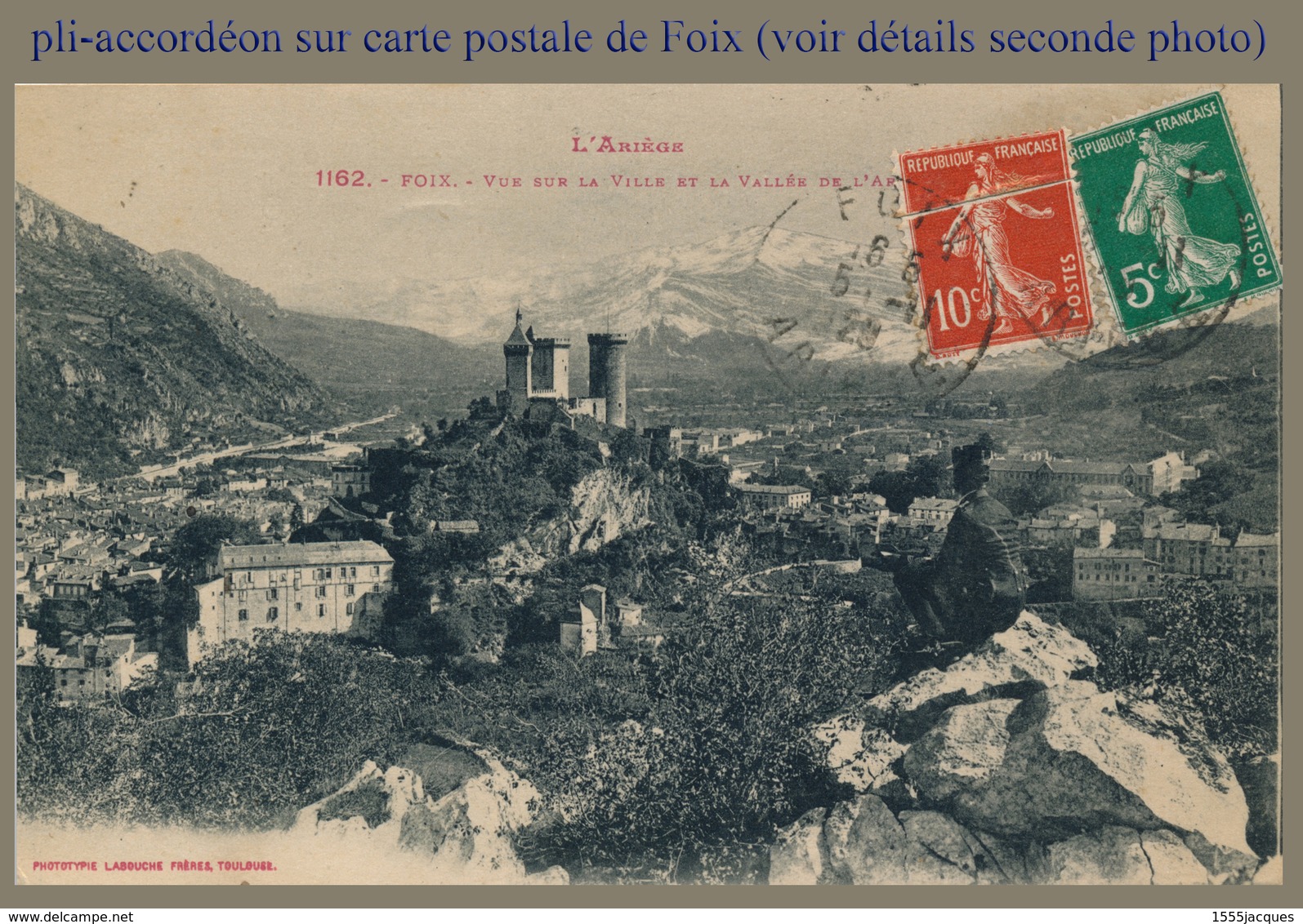 N° 138 SEMEUSE CAMÉE FOND PLEIN  - OBLITÉRÉ B - PLI-ACCORDÉON SUR CARTE POSTALE DE FOIX - - 1906-38 Semeuse Con Cameo