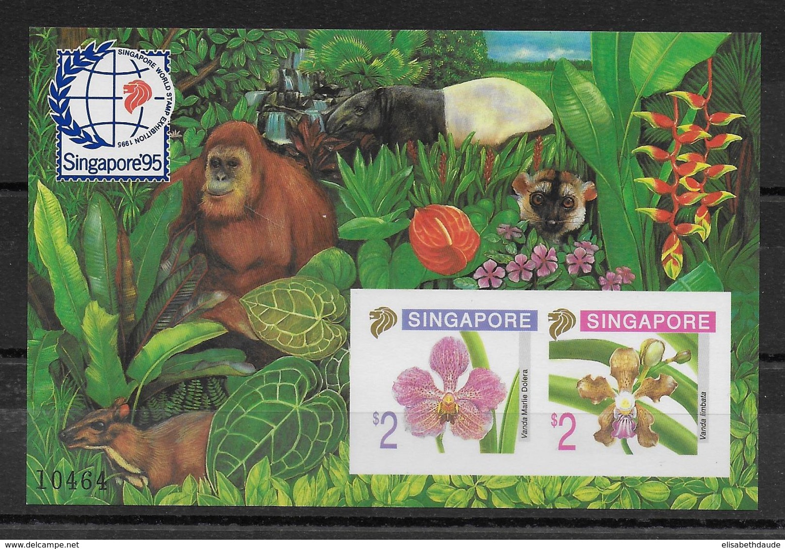 SINGAPORE - 1995 - BLOC N°33 RARE EN NON DENTELE **  - ORCHIDEES + ANIMAUX - Singapur (1959-...)