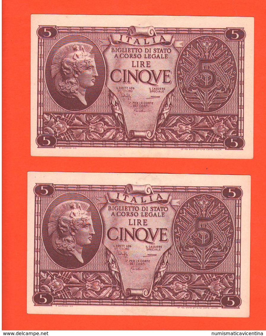 5 + 5 Lire 23/11/1944 Atena Elmata Numeri CONSECUTIVI - Italia – 5 Lire