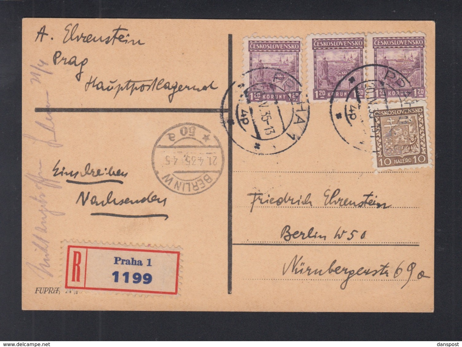 Czechoslovakia Registered PC 1935 Prague To Berlin - Covers & Documents