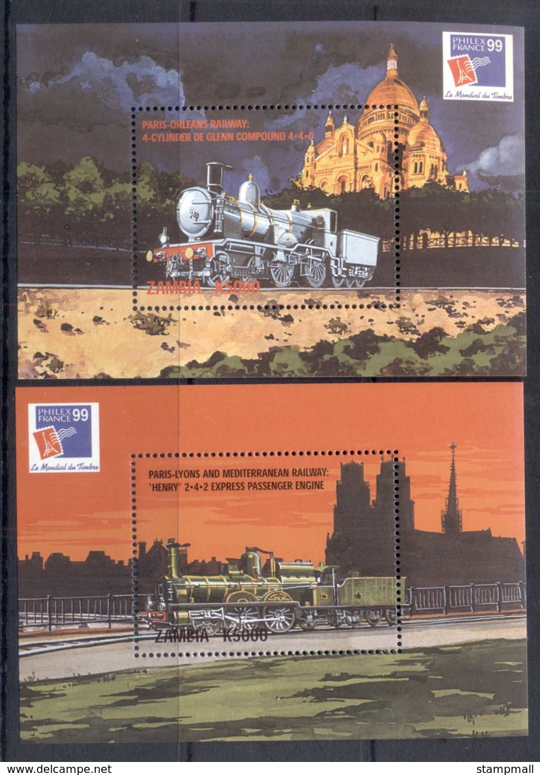 Zambia 1999 Trains, Philexfrance 2xMS MUH - Zambia (1965-...)