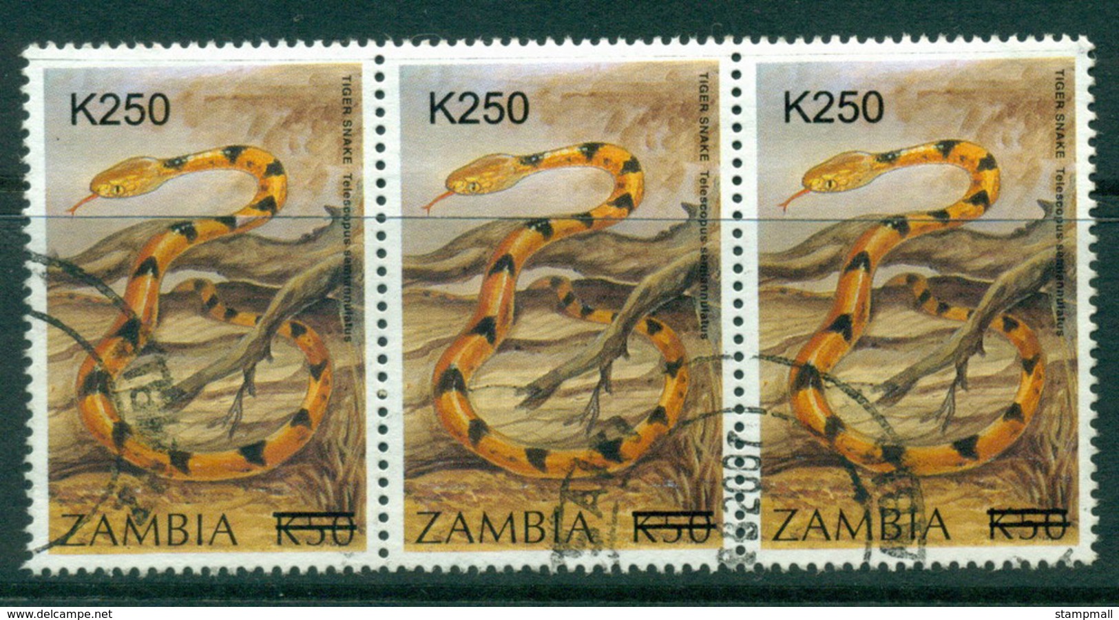 Zambia 2002 K250 Surcharge On 1994 Tiger Snake Strip 3 FU Lot24040 - Zambia (1965-...)