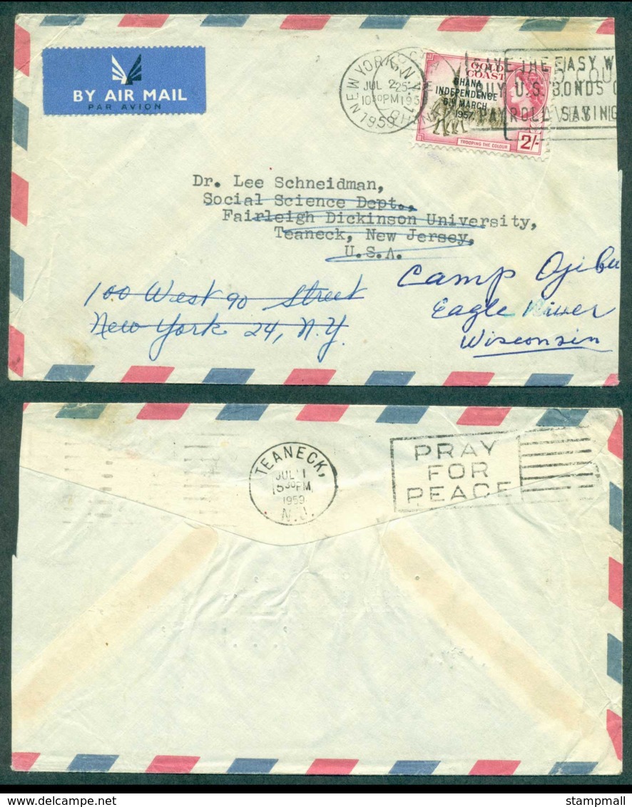 Ghana 1959 2/- Independence Opt On Air Mail Cover To Wisconsin, Redirected, Slightly Reduced At Right - Ghana (1957-...)