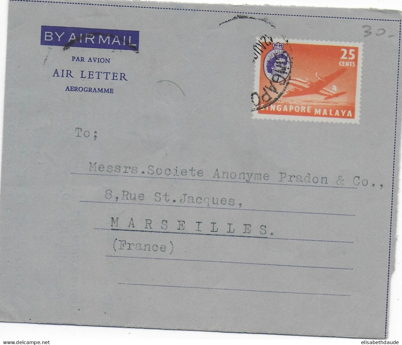 SINGAPORE - 1959 - ENTIER POSTAL AEROGRAMME (MANQUE UN TIMBRE) => MARSEILLE - Singapour (...-1959)