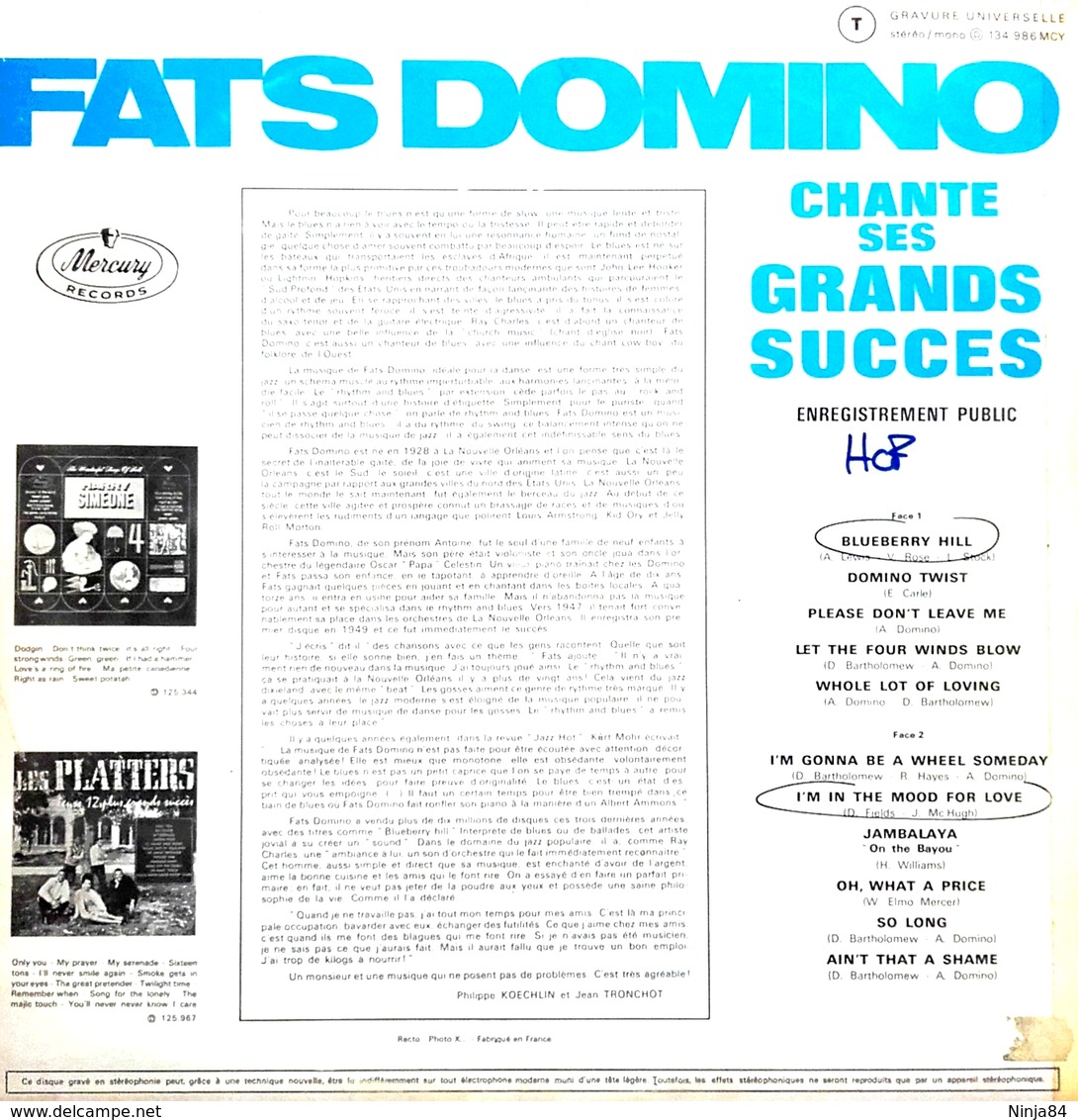 LP 33 RPM (12")  Fats Domino  "  Chante Ses Grands Succès  " - Blues
