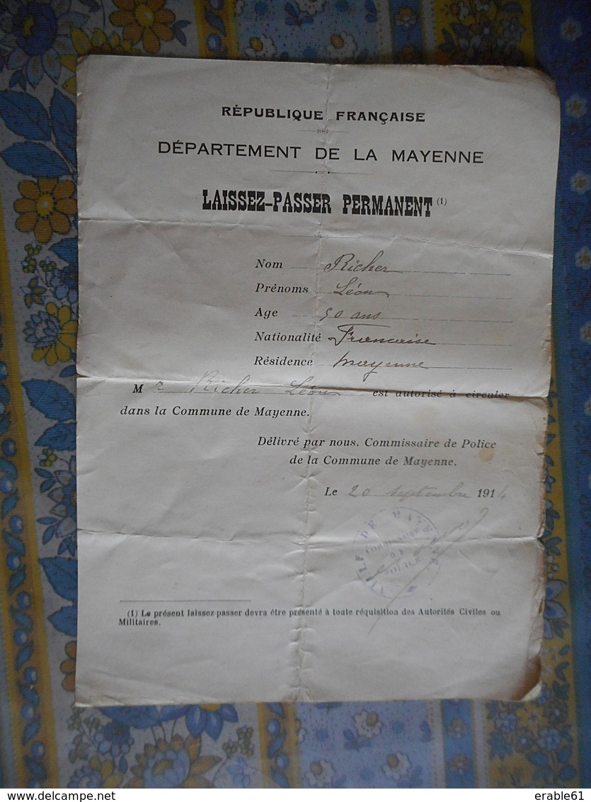 LAISSEZ PASSER PERMANENT Département De La Mayenne 1914 - Documents