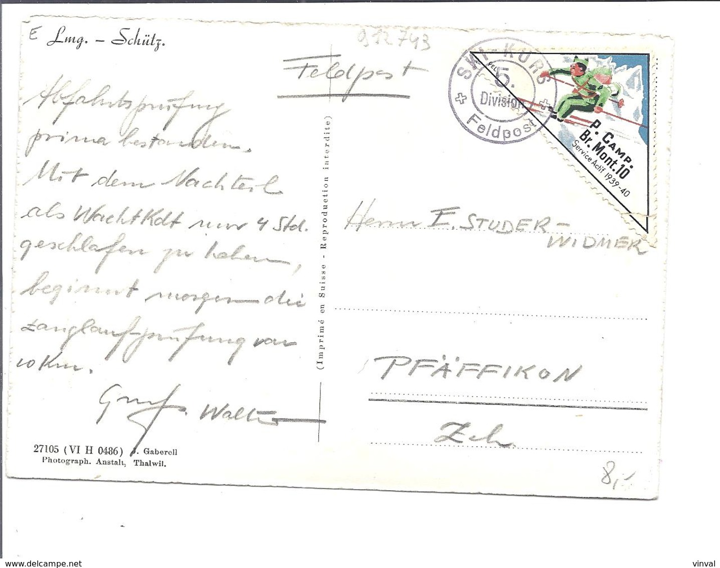 SUISSE SCHWEIZ Postcard  Militaire 1939-40 Avec Vignette P.Camp.Br.Mont.10  SKI-KURS 5 Division - Cartas & Documentos