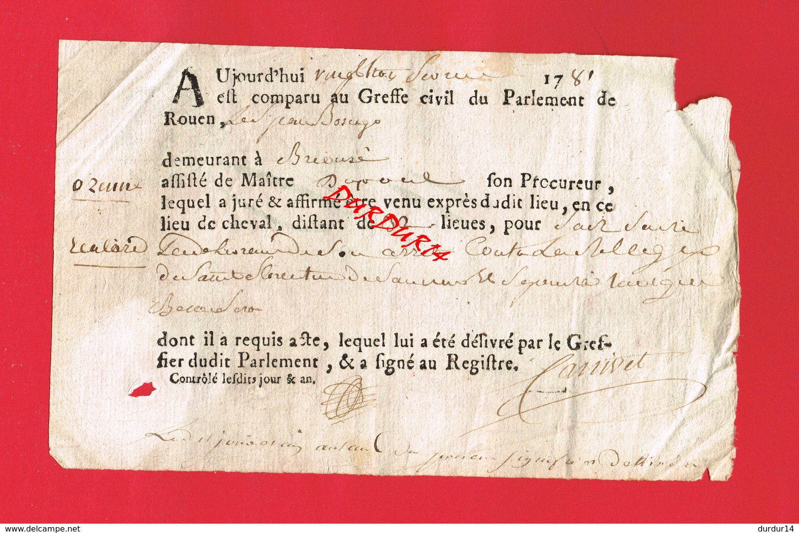 1 Document ... Greffe Du Parlement De ROUEN En 1781 Cachet De Généralité De Rouen - Cachets Généralité