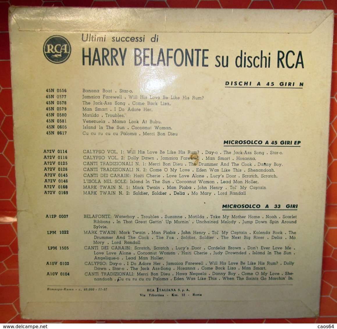 HARRY BELAFONTE CALYPSO  COVER NO VINYL 45 GIRI - 7" - Accessoires, Pochettes & Cartons