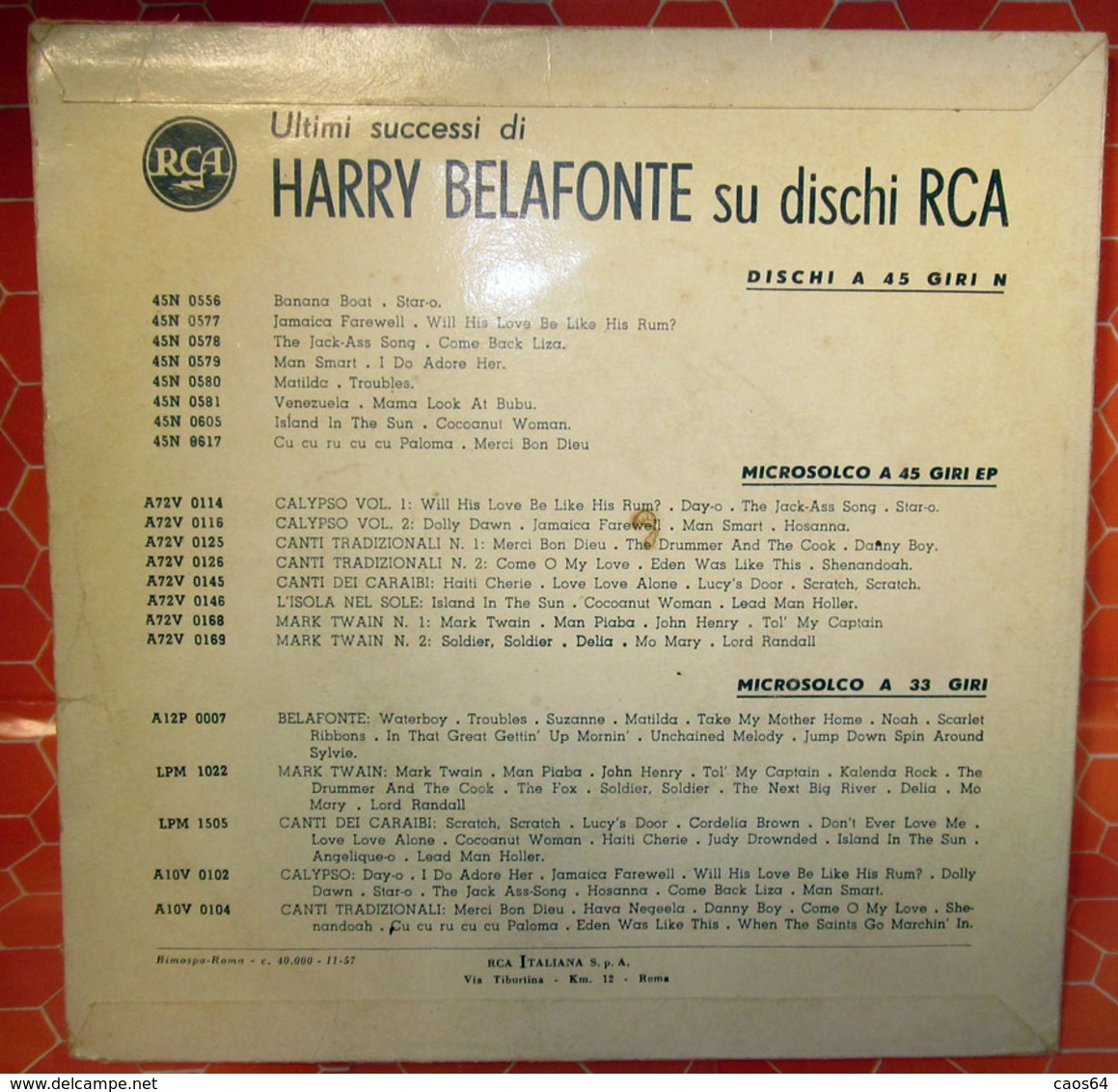 HARRY BELAFONTE CALYPSO  COVER NO VINYL 45 GIRI - 7" - Accessori & Bustine