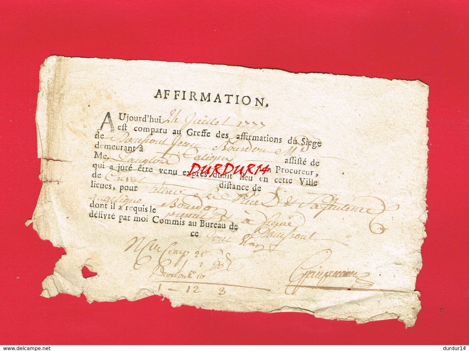 1 Document ... Greffe Des Affirmations Du Siège DOMFRONT  En 1777 Cachet De Généralité ALENÇON - Cachets Généralité