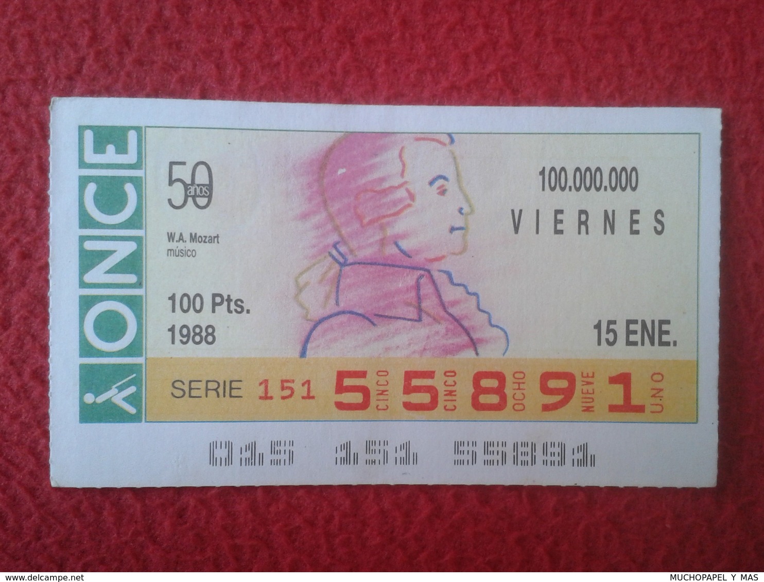 CUPÓN DE ONCE SPANISH LOTTERY CIEGOS SPAIN LOTERÍA BLIND ESPAGNE 1988 MÚSICO MUSICA MUSIC W.  AMADEUS MOZART VER FOTO/S - Billetes De Lotería