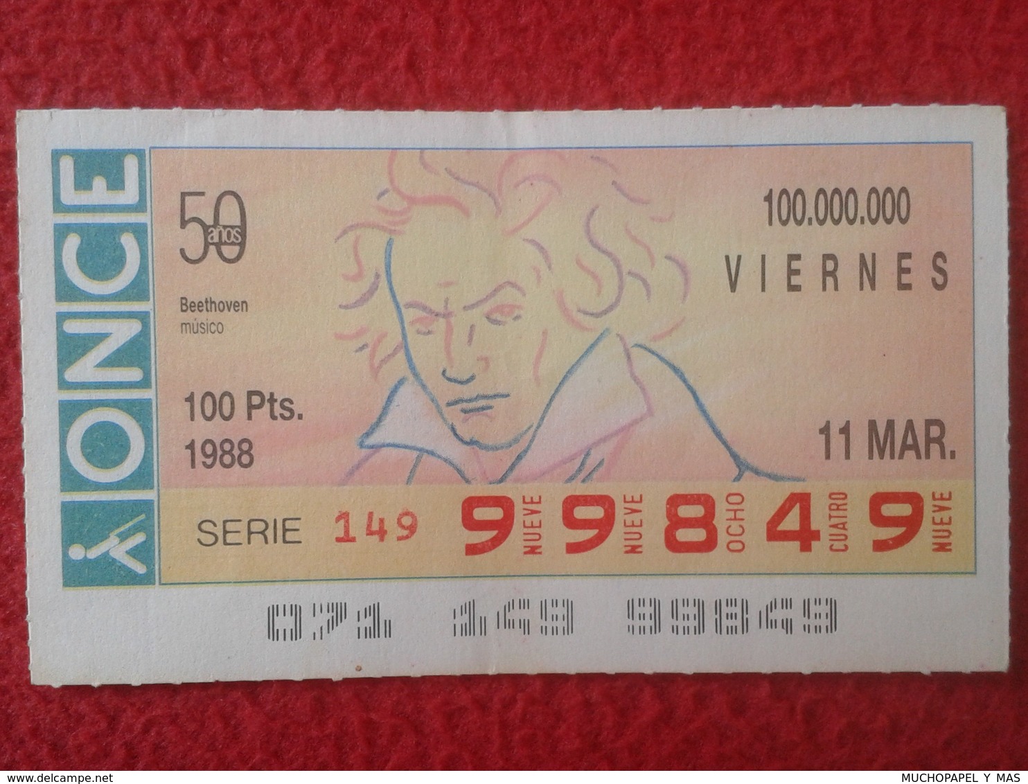 CUPÓN DE ONCE SPANISH LOTTERY CIEGOS SPAIN LOTERÍA BLIND ESPAGNE 1988 MÚSICO MÚSICA CLÁSICA MUSIC BEETHOVEN VER FOTO/S - Biglietti Della Lotteria