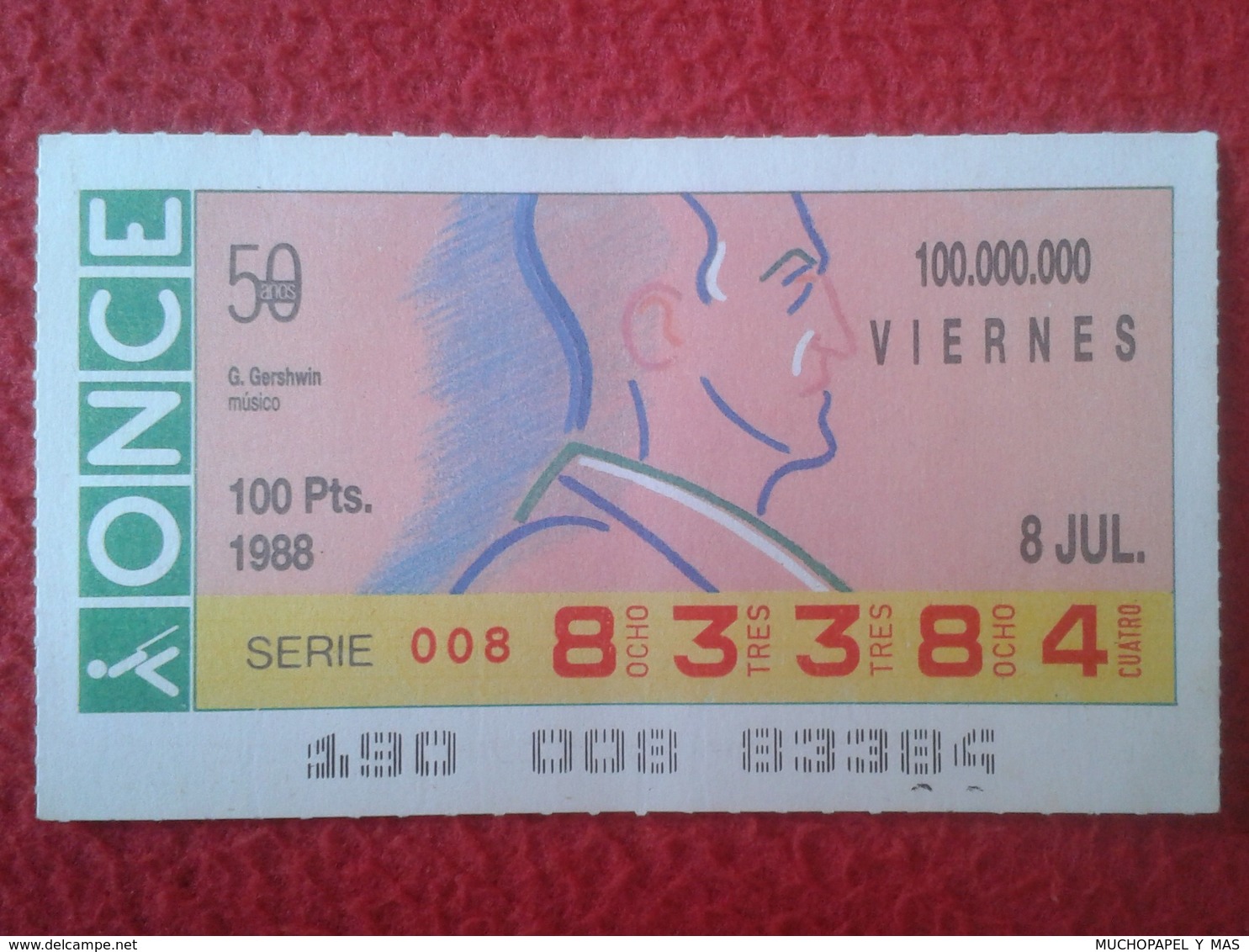 CUPÓN DE ONCE SPANISH LOTTERY CIEGOS SPAIN LOTERÍA BLIND ESPAGNE 1988 MÚSICO MÚSICA CLÁSICA MUSIC GEORGE GERSHWIN VER FO - Billetes De Lotería