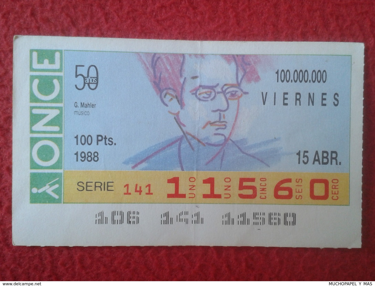 CUPÓN DE ONCE SPANISH LOTTERY CIEGOS SPAIN LOTERÍA BLIND ESPAGNE 1988 MÚSICO MÚSICA CLÁSICA MUSIC GUSTAV MAHLER VER FOTO - Lotterielose