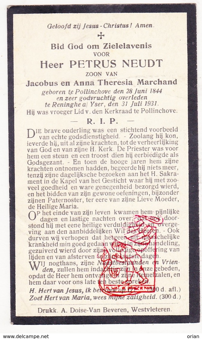 DP Petrus Neudt / Marchand ° Pollinkhove 1844 † Lo Reninge Ad IJzer - Devotion Images